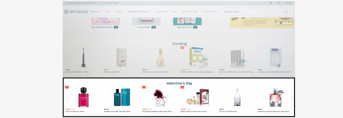 A screenshot of an AI-powered carousel promoting items for valentine’s day
