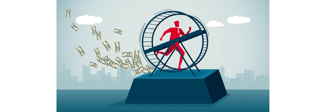 An illustration of a man trapped in a hamster wheel, surrounded by flying money bills. The image symbolises the repetitive and costly nature of the cycle of reacquisition & retargeting in eCommerce