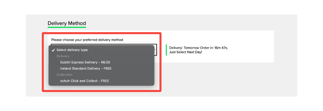 An example of Schuh giving their shoppers multiple delivery options to reduce cart abandonment rate