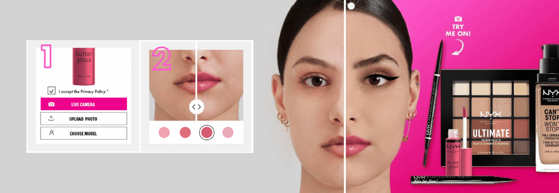 An image of a consumer trend in retail showcasing an omnichannel shopping experience with NYX's digital makeup try-on feature.