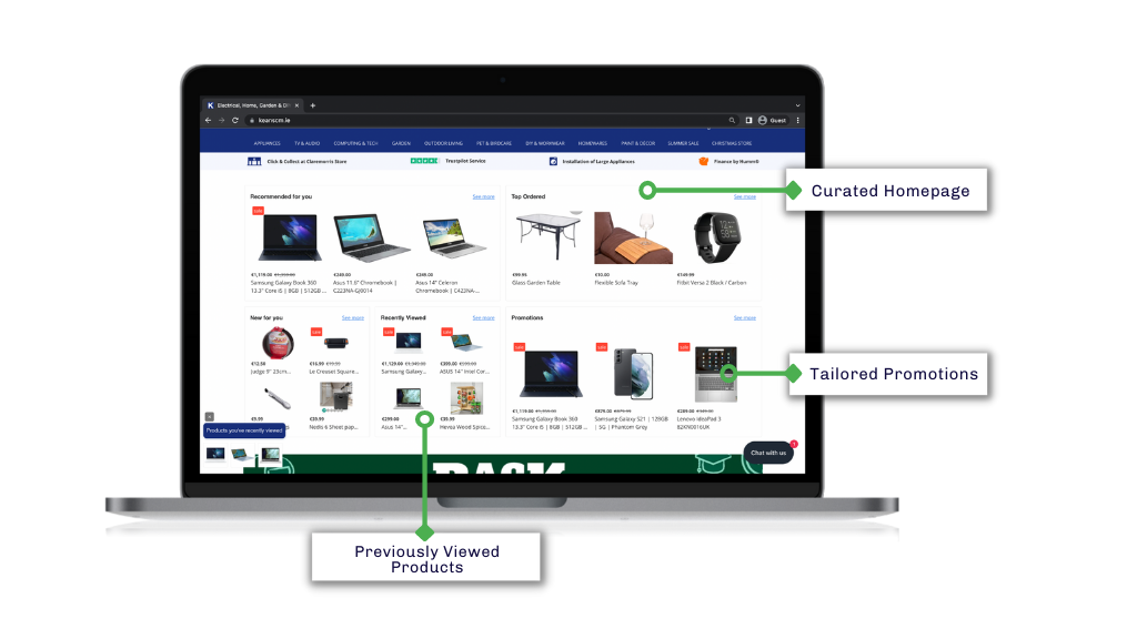 An example of a curated homepage showing trending products, ai-powered recommendations, tailored promotion & more 