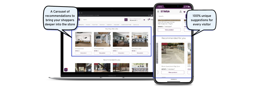 An example of Products Recommendations Carousel on the Tilestyle desktop and mobile store using Shopbox's AI Shop Assistant  